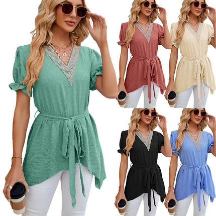 Women's V Neck Lace Tunic Tops Flowy Casual Blouses Short Sleeve Shirts