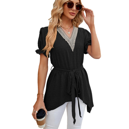 Women's V Neck Lace Tunic Tops Flowy Casual Blouses Short Sleeve Shirts