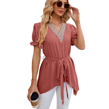 Women's V Neck Lace Tunic Tops Flowy Casual Blouses Short Sleeve Shirts