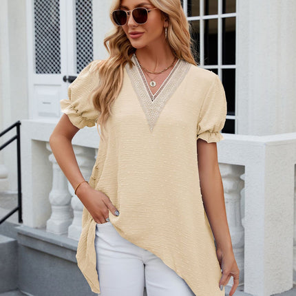 Women's V Neck Lace Tunic Tops Flowy Casual Blouses Short Sleeve Shirts