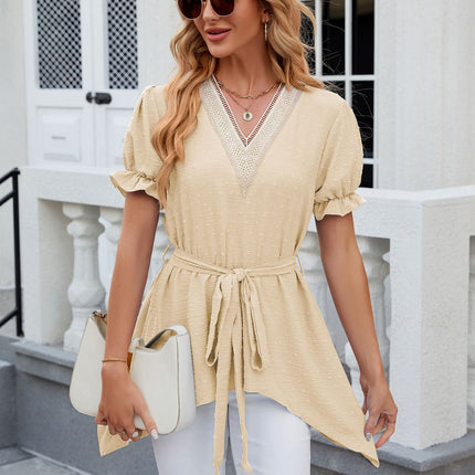 Women's V Neck Lace Tunic Tops Flowy Casual Blouses Short Sleeve Shirts