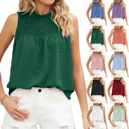 Women Summer Pleated Ruffle Neckline Sleeveless Tank Tops Blouses