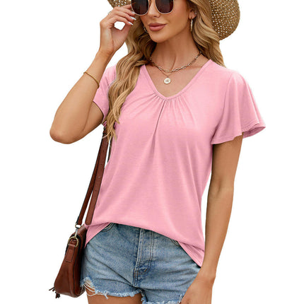 Women Casual V-Neck T-Shirts Loose Short Sleeve Tops Pleated Tunic Blouses