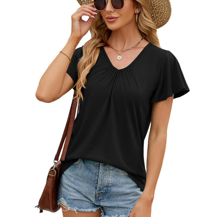 Women Casual V-Neck T-Shirts Loose Short Sleeve Tops Pleated Tunic Blouses