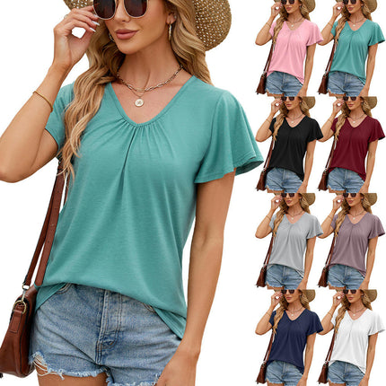 Women Casual V-Neck T-Shirts Loose Short Sleeve Tops Pleated Tunic Blouses