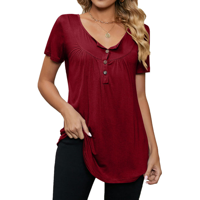 Women's V-Neck Button-Down T-Shirts Short Sleeve Tops Loose Summer Shirt