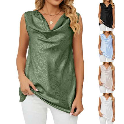 Women's Sleeveless Satin Blouses Casual Draped Neck Ruched Tank Tops