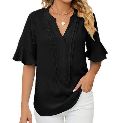 Blouses for Women Ruffle Short Sleeve Loose Tops V Neck Summer Casual Blouse Shirts