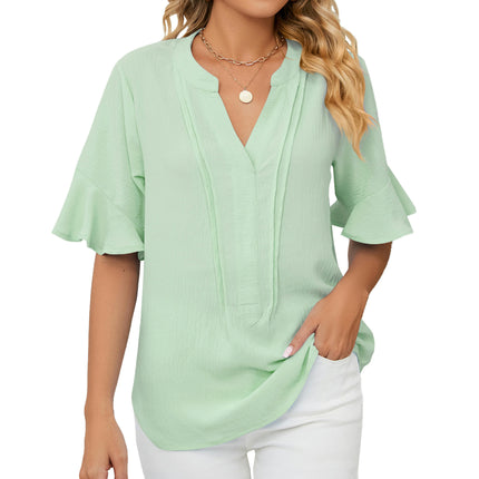 Blouses for Women Ruffle Short Sleeve Loose Tops V Neck Summer Casual Blouse Shirts