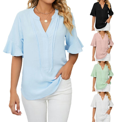 Blouses for Women Ruffle Short Sleeve Loose Tops V Neck Summer Casual Blouse Shirts