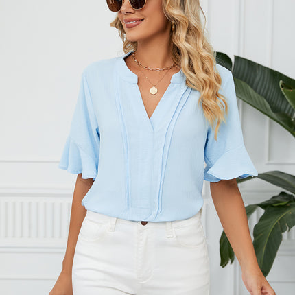 Blouses for Women Ruffle Short Sleeve Loose Tops V Neck Summer Casual Blouse Shirts