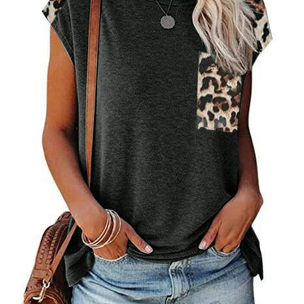 Women's Short Sleeve Leopard Print Tunic Tops Casual Raglan Shirt