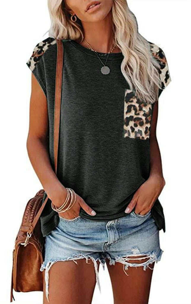 Women's Short Sleeve Leopard Print Tunic Tops Casual Raglan Shirt