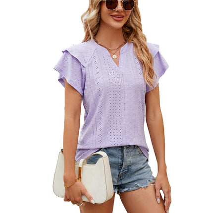 Women's Tops Summer Ruffle Sleeve Tops V Neck Eyelet Tshirts Casual Blouse