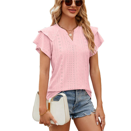 Women's Tops Summer Ruffle Sleeve Tops V Neck Eyelet Tshirts Casual Blouse