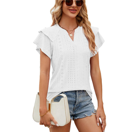 Women's Tops Summer Ruffle Sleeve Tops V Neck Eyelet Tshirts Casual Blouse