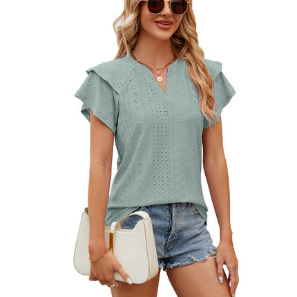 Women's Tops Summer Ruffle Sleeve Tops V Neck Eyelet Tshirts Casual Blouse