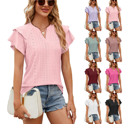 Women's Tops Summer Ruffle Sleeve Tops V Neck Eyelet Tshirts Casual Blouse