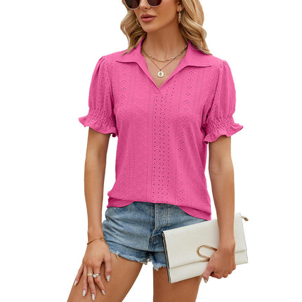 Women's Tops Summer Puff Short Sleeve Tops V Neck Eyelet Tshirts Casual Blouse