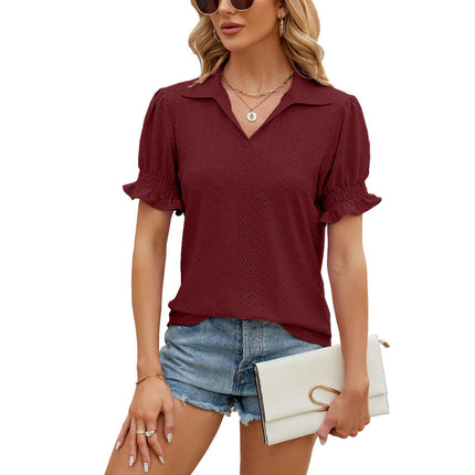 Women's Tops Summer Puff Short Sleeve Tops V Neck Eyelet Tshirts Casual Blouse