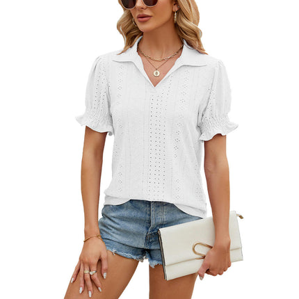 Women's Tops Summer Puff Short Sleeve Tops V Neck Eyelet Tshirts Casual Blouse