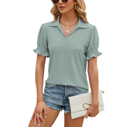 Women's Tops Summer Puff Short Sleeve Tops V Neck Eyelet Tshirts Casual Blouse