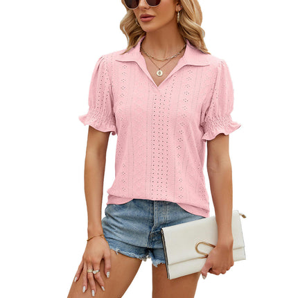 Women's Tops Summer Puff Short Sleeve Tops V Neck Eyelet Tshirts Casual Blouse