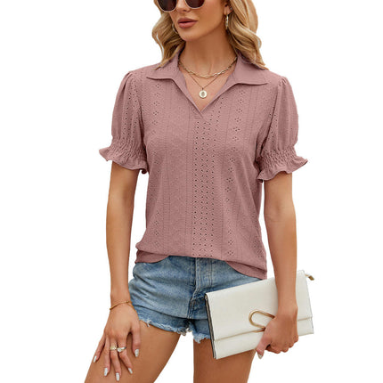 Women's Tops Summer Puff Short Sleeve Tops V Neck Eyelet Tshirts Casual Blouse