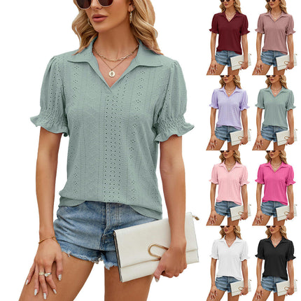 Women's Tops Summer Puff Short Sleeve Tops V Neck Eyelet Tshirts Casual Blouse