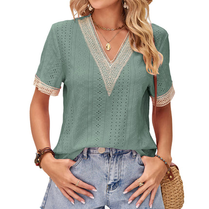 Women's V Neck Lace Eyelet Tops Short Sleeve Casual Shirts Blouses