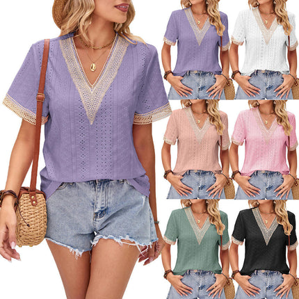 Women's V Neck Lace Eyelet Tops Short Sleeve Casual Shirts Blouses