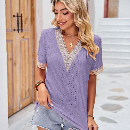 Women's V Neck Lace Eyelet Tops Short Sleeve Casual Shirts Blouses