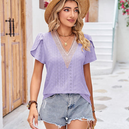 Women's Petal Short Sleeve Shirts Lace V Neck T Shirt Loose Tops