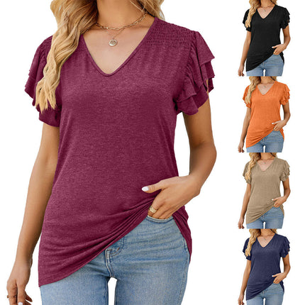 Women's Tops Summer Casual Ruffle Short Sleeves Shirts V Neck Tunic Top