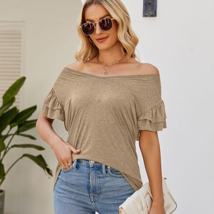 Women's Tops Summer Casual Ruffle Short Sleeves Shirts V Neck Tunic Top