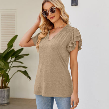 Women's Tops Summer Casual Ruffle Short Sleeves Shirts V Neck Tunic Top