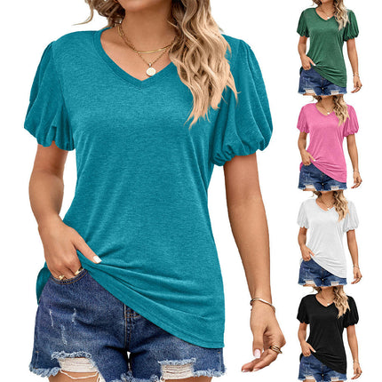 Women's V Neck Puff Short Sleeve Tops Loose Blouse Casual Tunic T Shirts