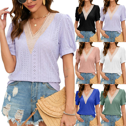 Women's Puff Short Sleeve Lace V-Neck Tops Casual Blouse T Shirt