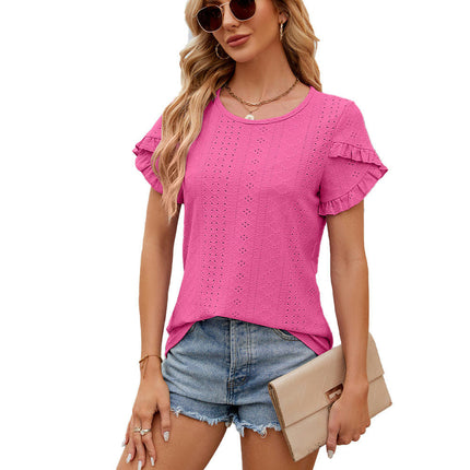 Women's T-Shirt Crew Neck Summer Eyelet Petal Short Sleeve Casual Tops