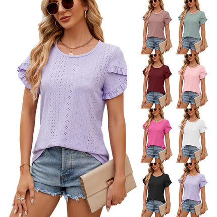 Women's T-Shirt Crew Neck Summer Eyelet Petal Short Sleeve Casual Tops