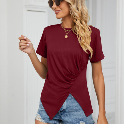 Women Casual Short Sleeve Tops Pleated T-Shirts Tees with Side Split