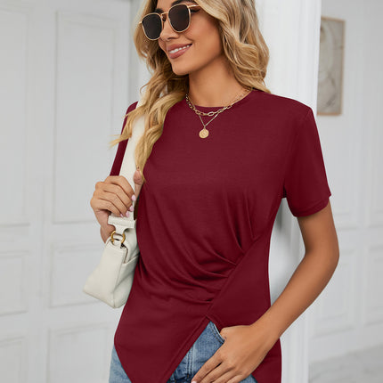 Women Casual Short Sleeve Tops Pleated T-Shirts Tees with Side Split