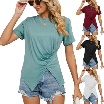 Women Casual Short Sleeve Tops Pleated T-Shirts Tees with Side Split