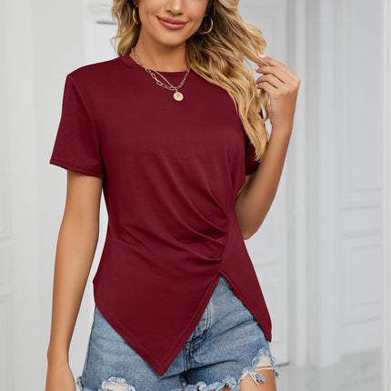 Women Casual Short Sleeve Tops Pleated T-Shirts Tees with Side Split