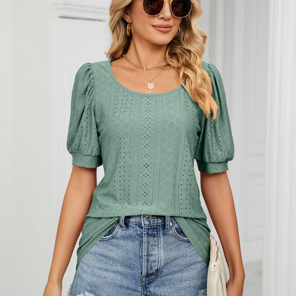 Women's Short Puff Sleeve Loose Crew Neck Shirts Tops