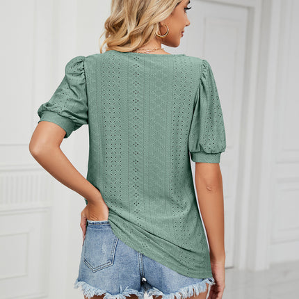 Women's Short Puff Sleeve Loose Crew Neck Shirts Tops