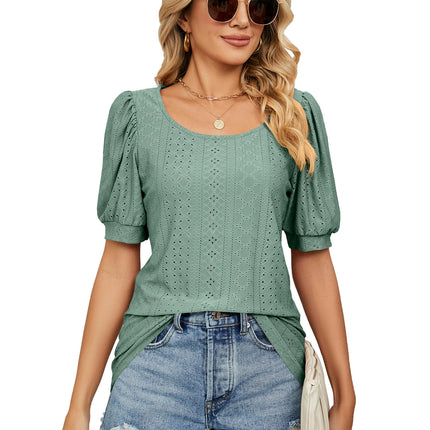 Women's Short Puff Sleeve Loose Crew Neck Shirts Tops