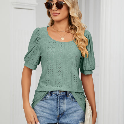 Women's Short Puff Sleeve Loose Crew Neck Shirts Tops