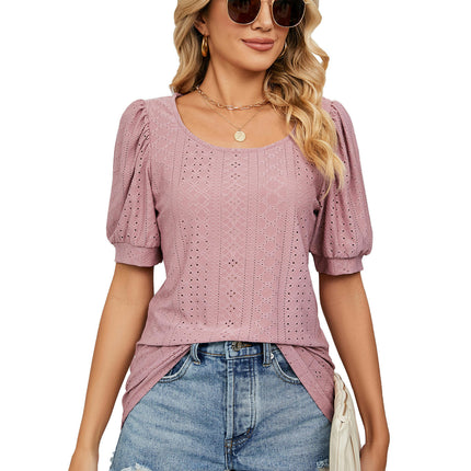 Women's Short Puff Sleeve Loose Crew Neck Shirts Tops