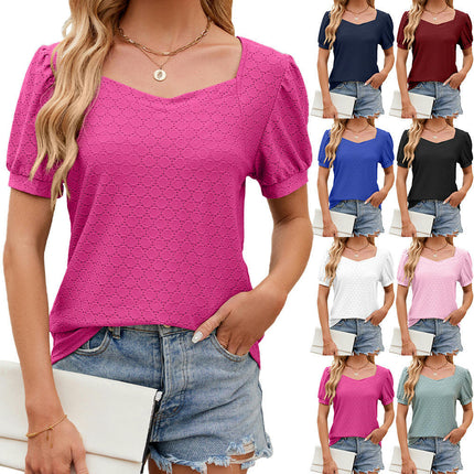 Women's Casual Short Sleeve T Shirts Square Neck Puff Sleeve Tunic Tops Loose Tee